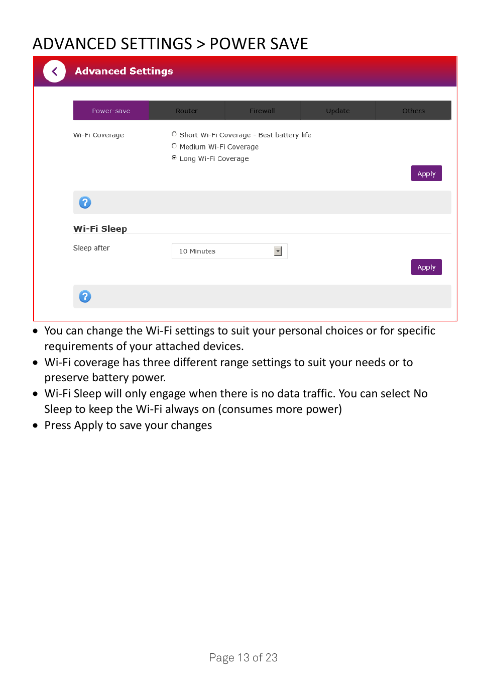 Advanced settings > power save | ZTE MF920A User Manual | Page 13 / 23