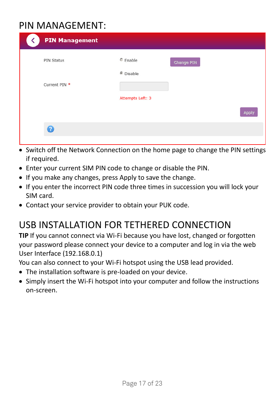 Pin management, Usb installation for tethered connection | ZTE MF920A User Manual | Page 17 / 23