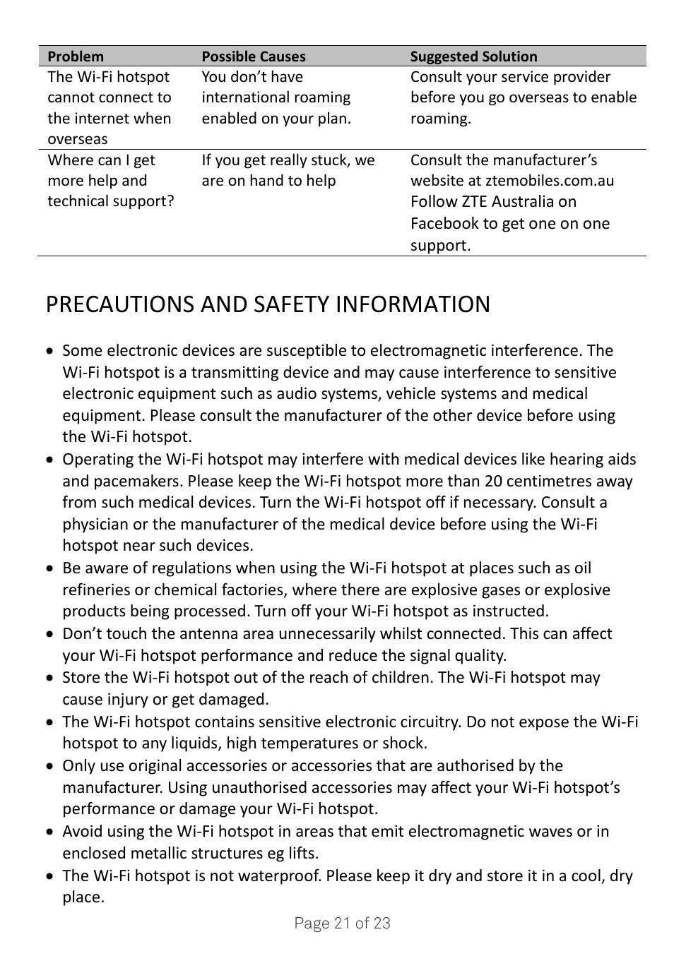 Precautions and safety information | ZTE MF920A User Manual | Page 21 / 23