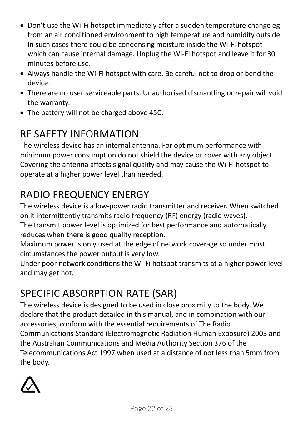 Rf safety information, Radio frequency energy, Specific absorption rate (sar) | ZTE MF920A User Manual | Page 22 / 23