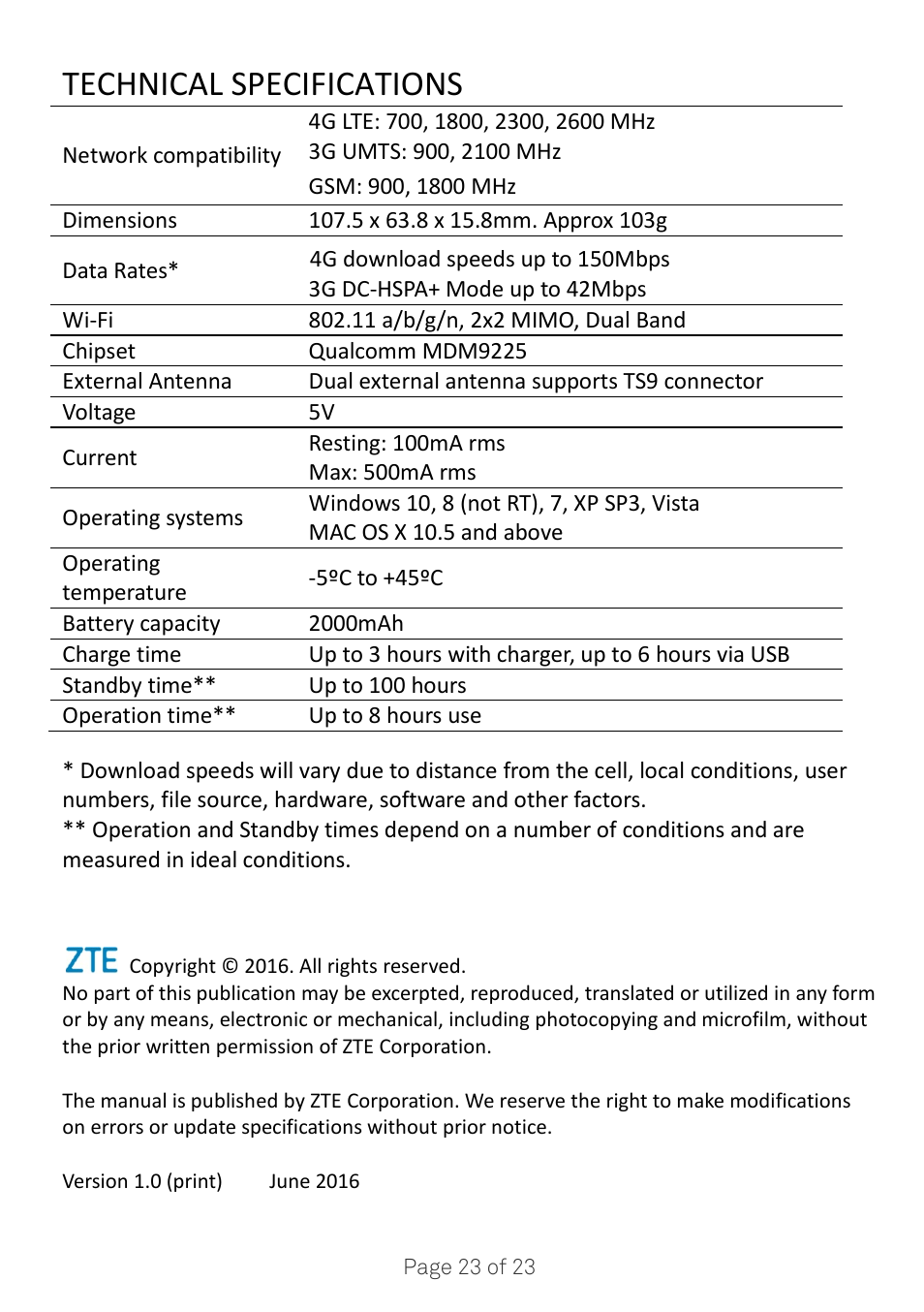 Technical specifications | ZTE MF920A User Manual | Page 23 / 23