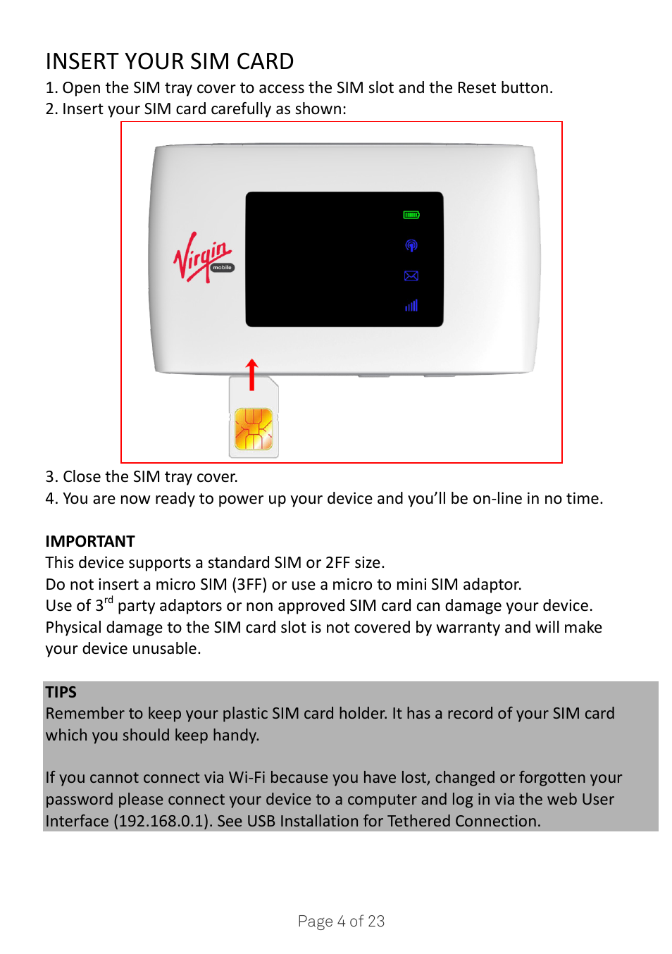 Insert your sim card | ZTE MF920A User Manual | Page 4 / 23