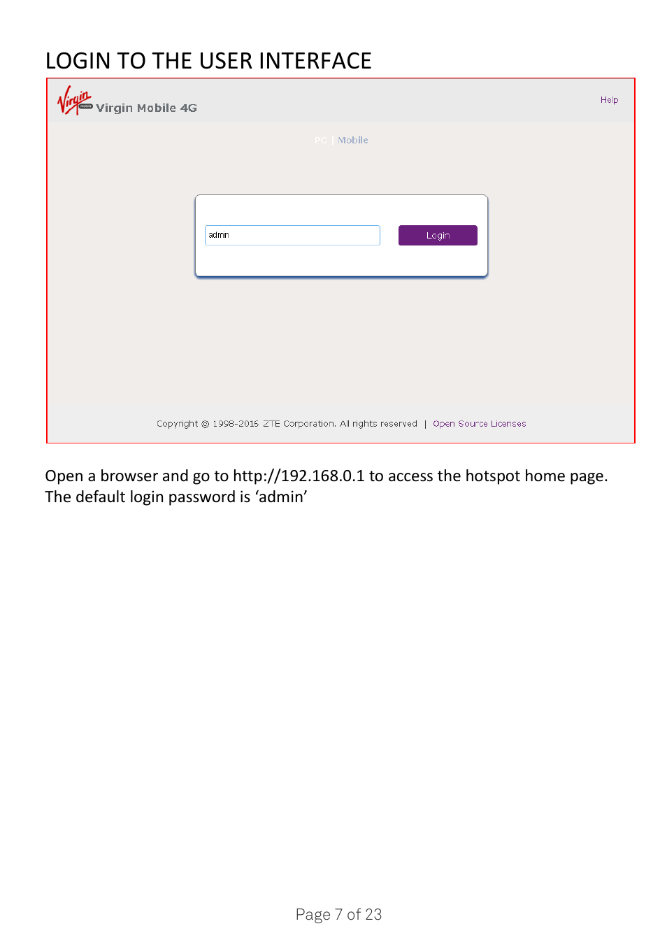 Login to the user interface | ZTE MF920A User Manual | Page 7 / 23