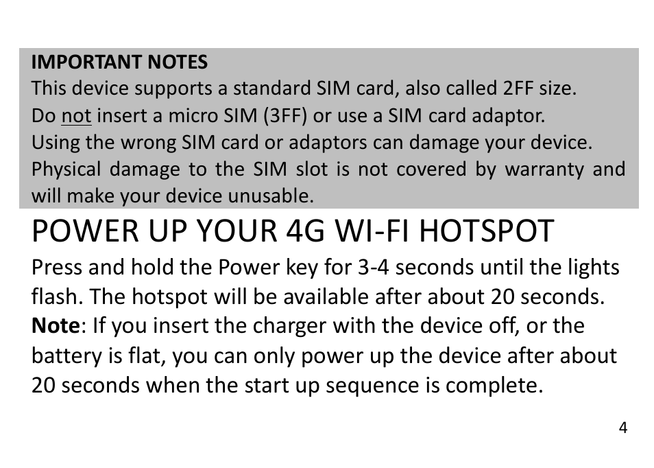 Power up your 4g wi-fi hotspot | ZTE MF920A User Manual | Page 4 / 13