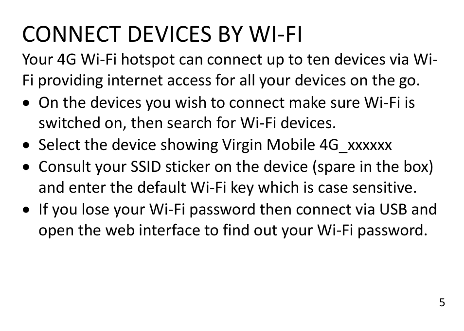 Connect devices by wi-fi | ZTE MF920A User Manual | Page 5 / 13