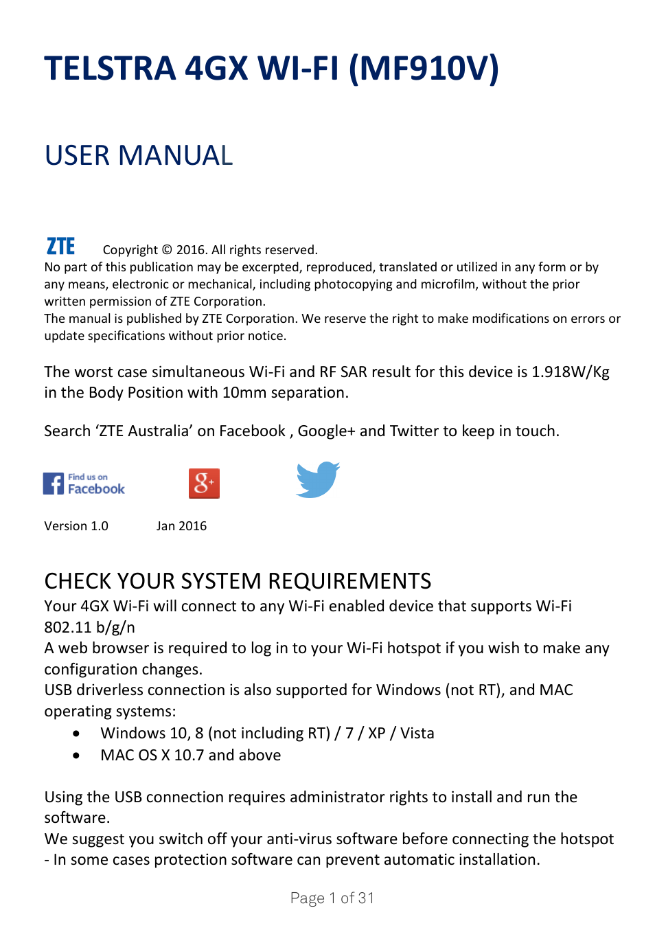 ZTE MF910V User Manual | 31 pages