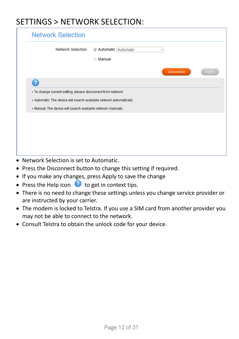 Settings > network selection | ZTE MF910V User Manual | Page 12 / 31