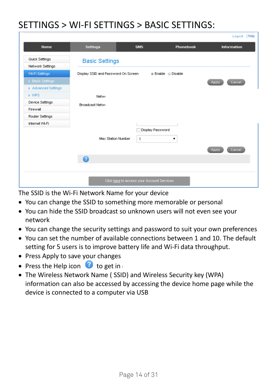 Settings > wi-fi settings > basic settings | ZTE MF910V User Manual | Page 14 / 31