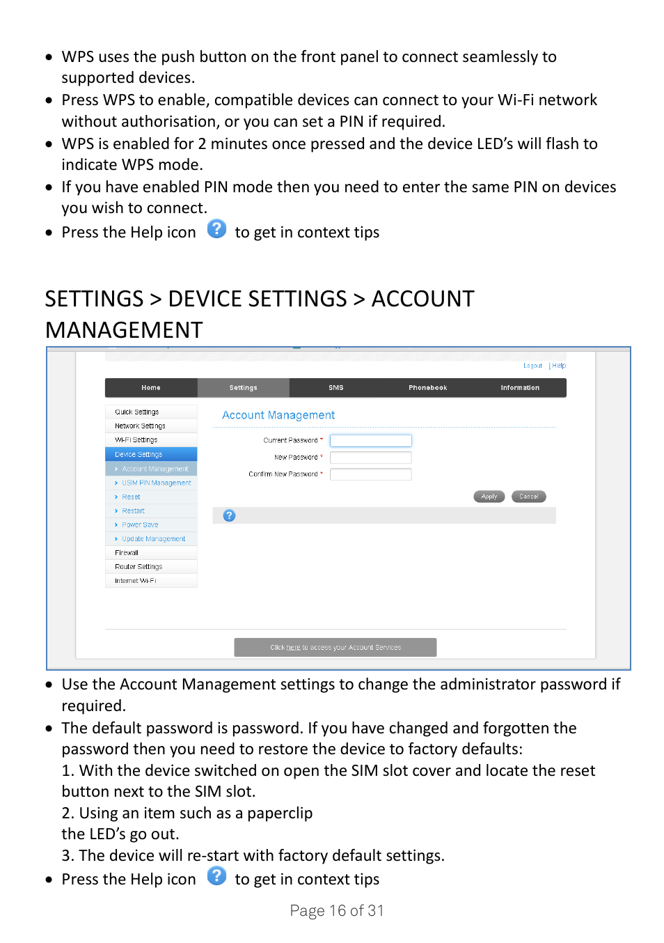 Settings > device settings > account management | ZTE MF910V User Manual | Page 16 / 31