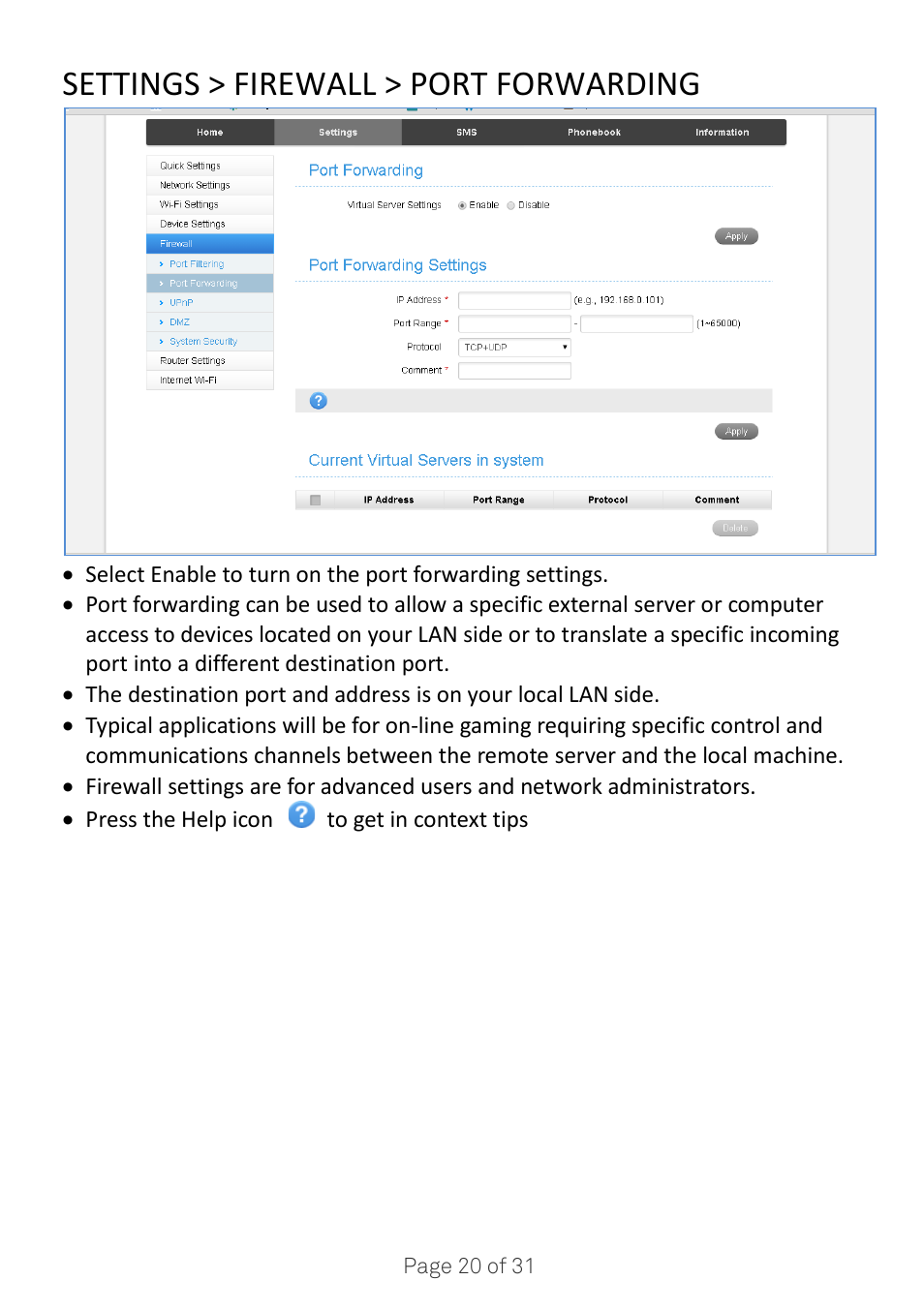 Settings > firewall > port forwarding | ZTE MF910V User Manual | Page 20 / 31