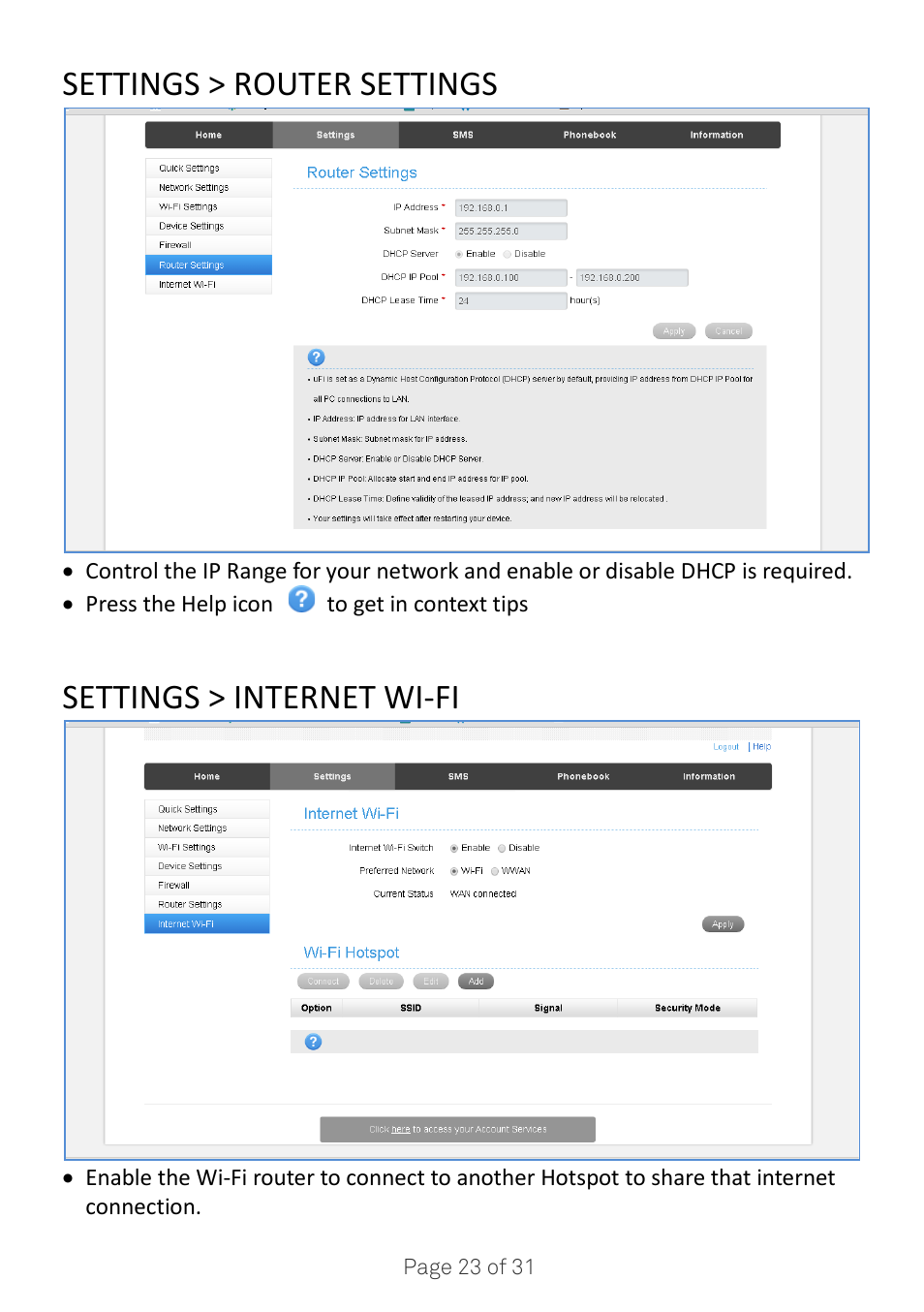 Settings > router settings, Settings > internet wi-fi | ZTE MF910V User Manual | Page 23 / 31