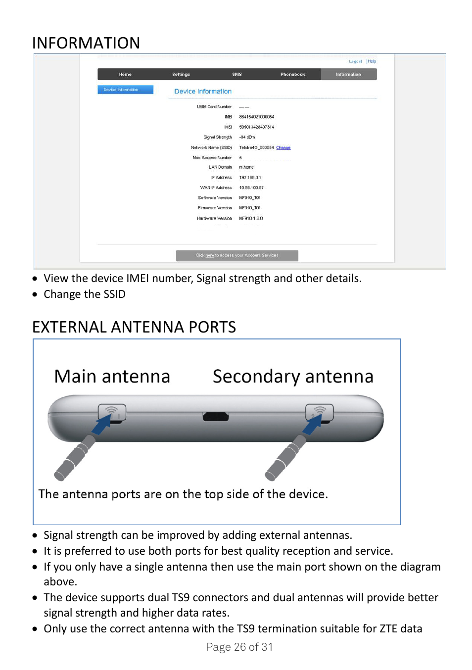 Information, External antenna ports | ZTE MF910V User Manual | Page 26 / 31