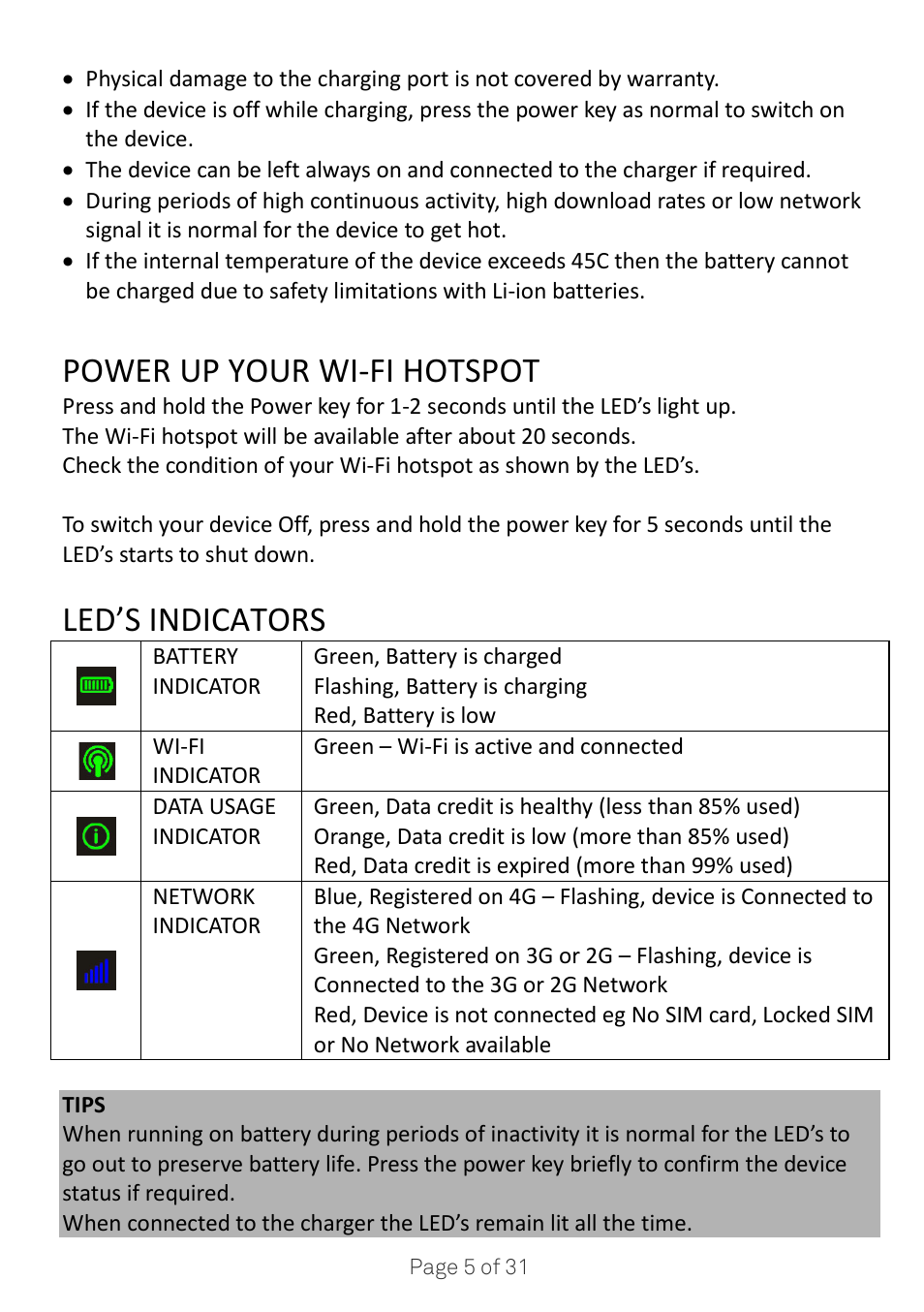 Power up your wi-fi hotspot, Led’s indicators | ZTE MF910V User Manual | Page 5 / 31
