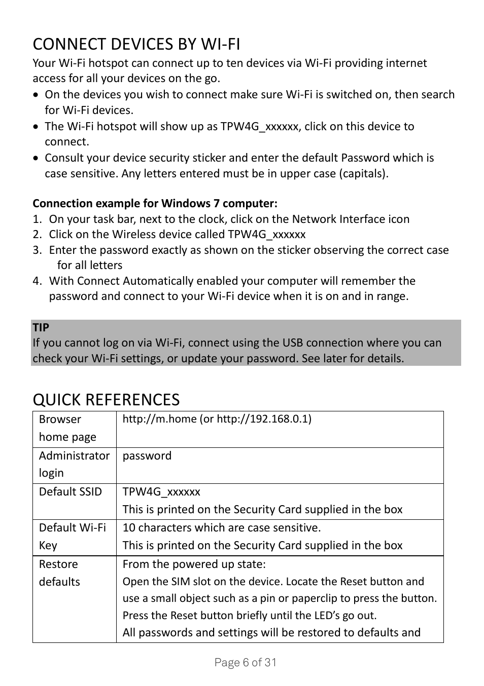 Connect devices by wi-fi, Quick references | ZTE MF910V User Manual | Page 6 / 31