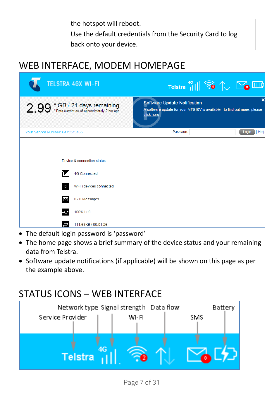 Web interface, modem homepage, Status icons – web interface | ZTE MF910V User Manual | Page 7 / 31