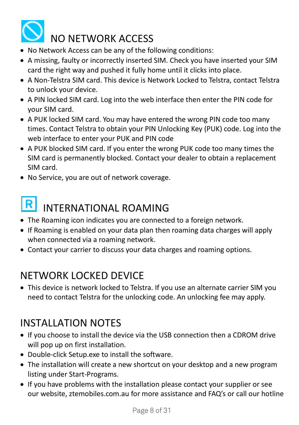 No network access, International roaming, Network locked device | ZTE MF910V User Manual | Page 8 / 31