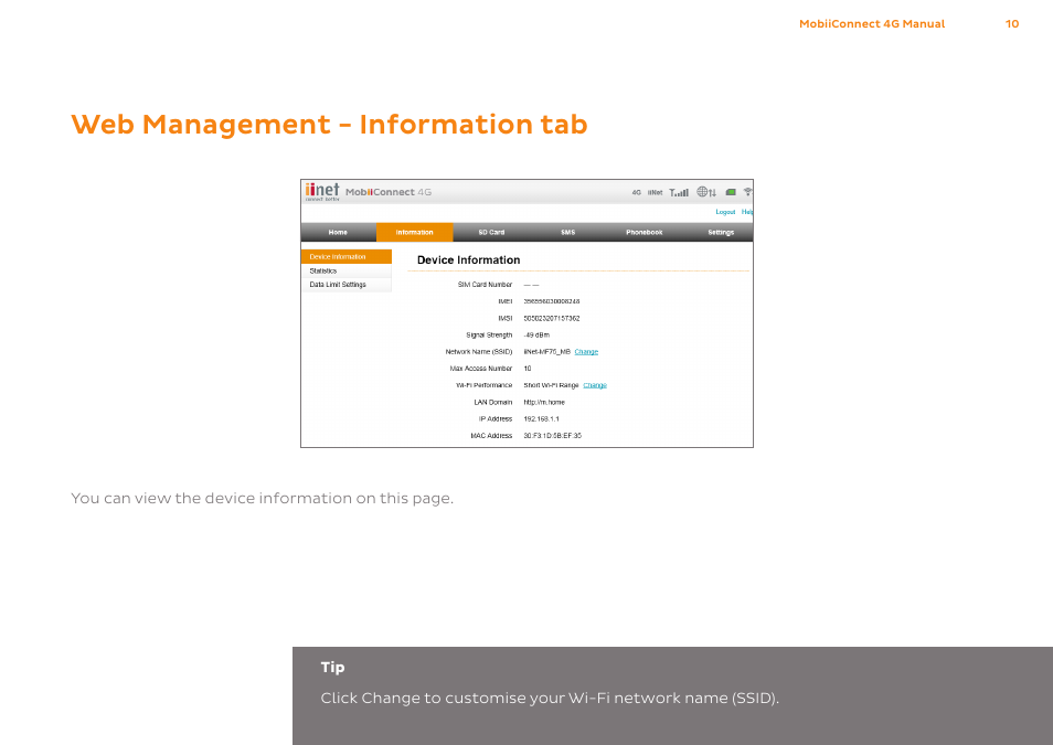 Web management - information tab | ZTE MF75 User Manual | Page 10 / 38