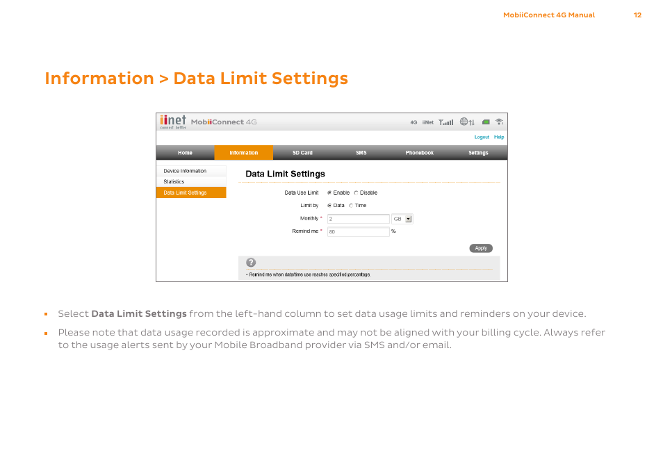 Information > data limit settings | ZTE MF75 User Manual | Page 12 / 38