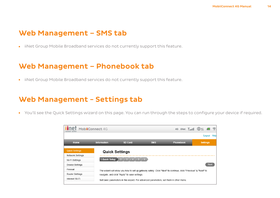 Web management – sms tab, Web management – phonebook tab, Web management - settings tab | ZTE MF75 User Manual | Page 14 / 38