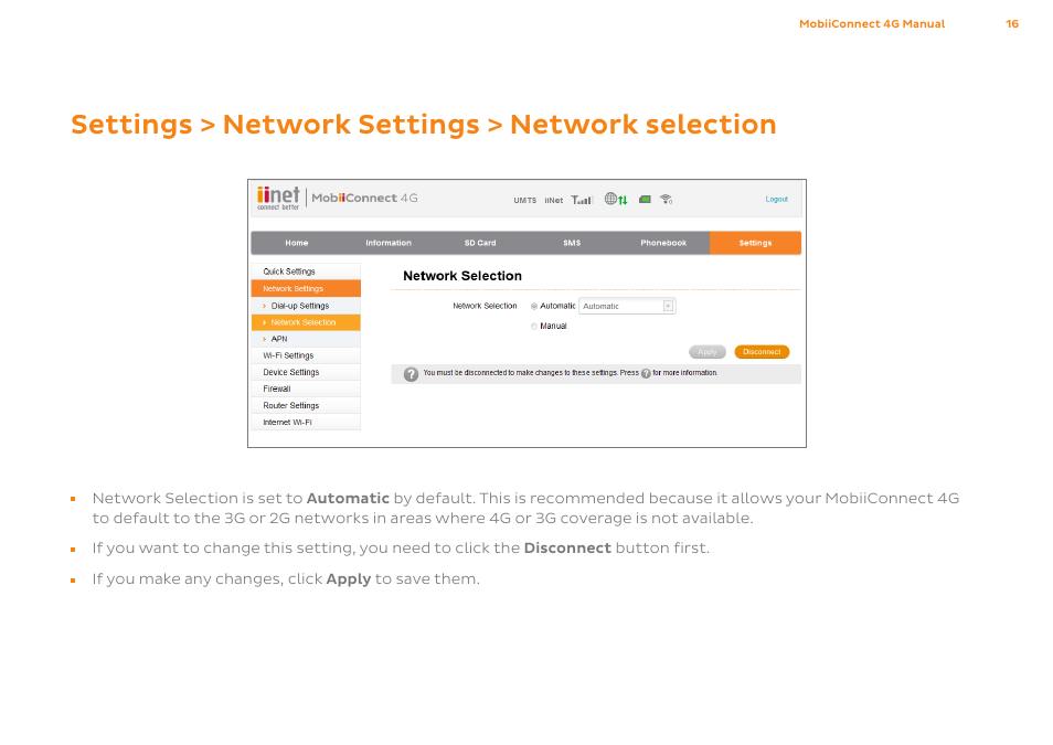 Settings > network settings > network selection | ZTE MF75 User Manual | Page 16 / 38