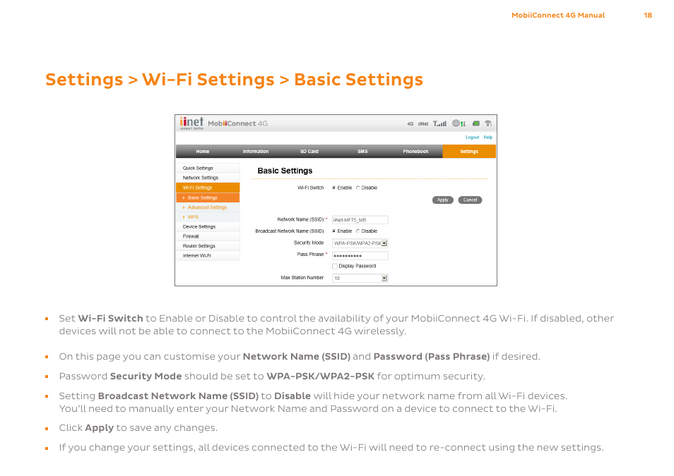 Settings > wi-fi settings > basic settings | ZTE MF75 User Manual | Page 18 / 38