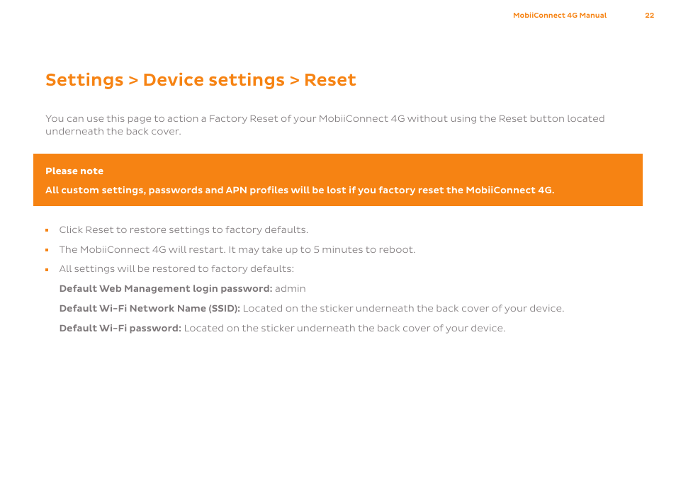 Settings > device settings > reset | ZTE MF75 User Manual | Page 22 / 38