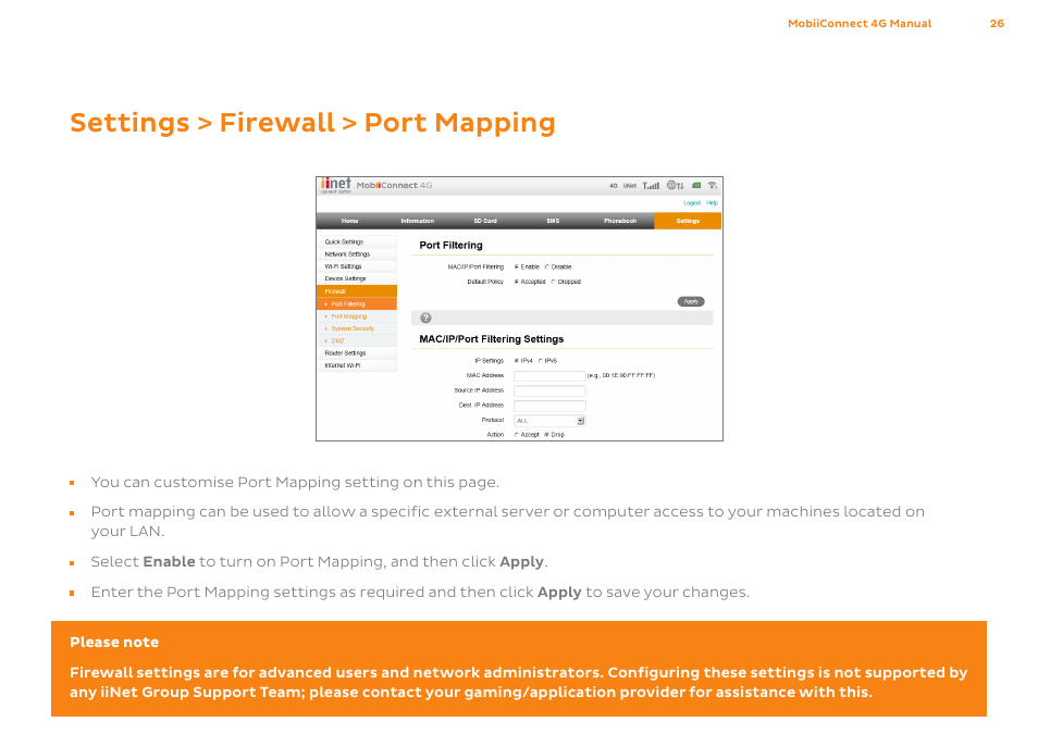 Settings > firewall > port mapping | ZTE MF75 User Manual | Page 26 / 38