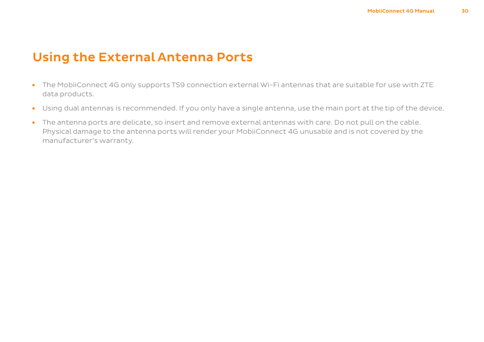 Using the external antenna ports | ZTE MF75 User Manual | Page 30 / 38