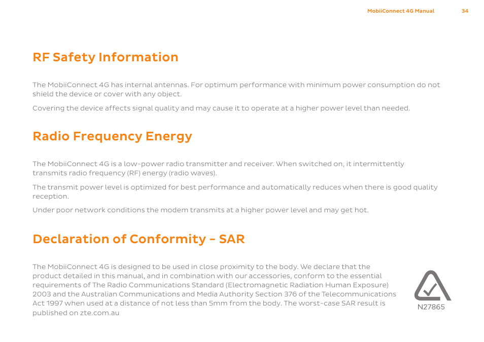 Rf safety information, Radio frequency energy, Declaration of conformity - sar | ZTE MF75 User Manual | Page 34 / 38