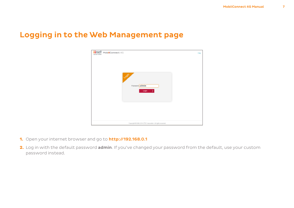 Logging in to the web management page | ZTE MF75 User Manual | Page 7 / 38