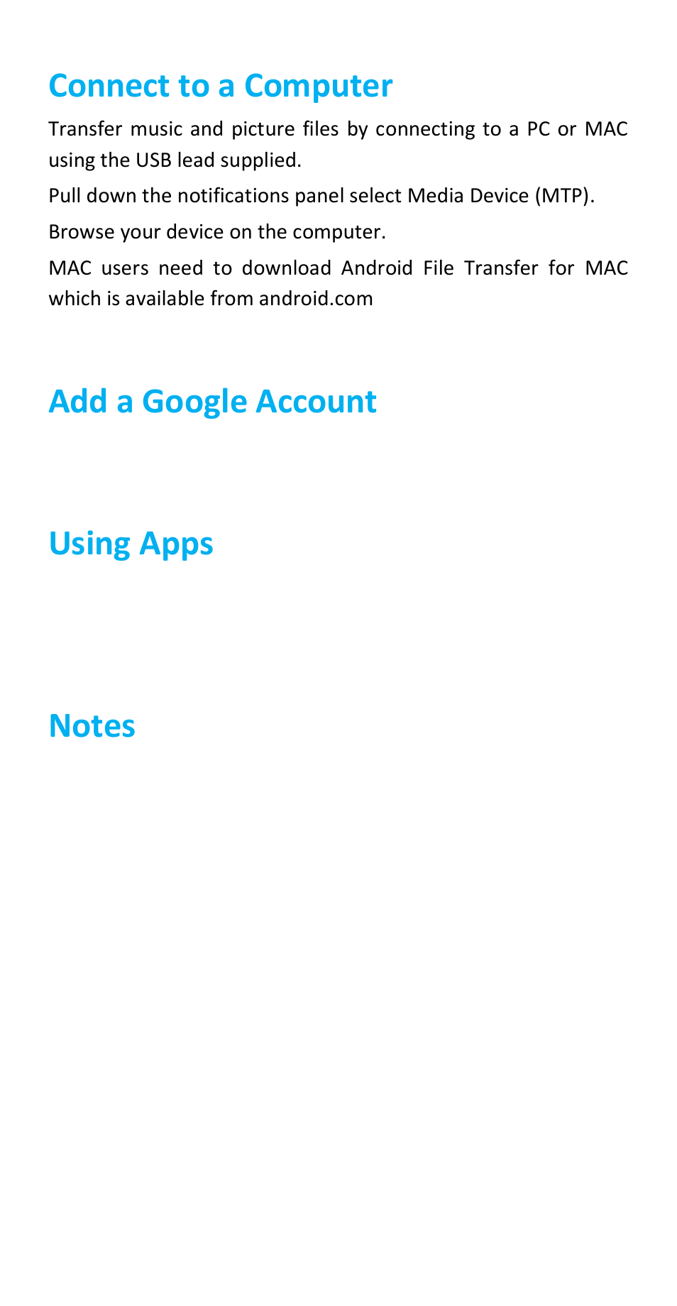 Connect to a computer, Add a google account, Using apps | ZTE Grand K83 User Manual | Page 5 / 5
