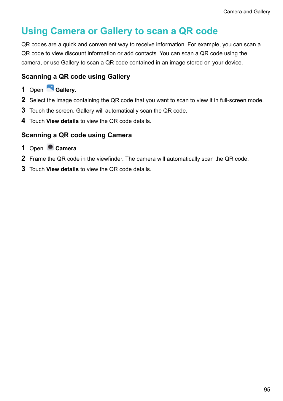 Using camera or gallery to scan a qr code, Scanning a qr code using gallery, Scanning a qr code using camera | Honor 8 Pro User Manual | Page 101 / 155