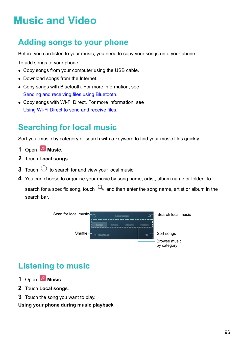 Music and video, Adding songs to your phone, Searching for local music | Listening to music | Honor 8 Pro User Manual | Page 102 / 155