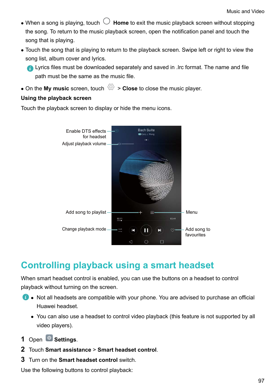 Controlling playback using a smart headset | Honor 8 Pro User Manual | Page 103 / 155