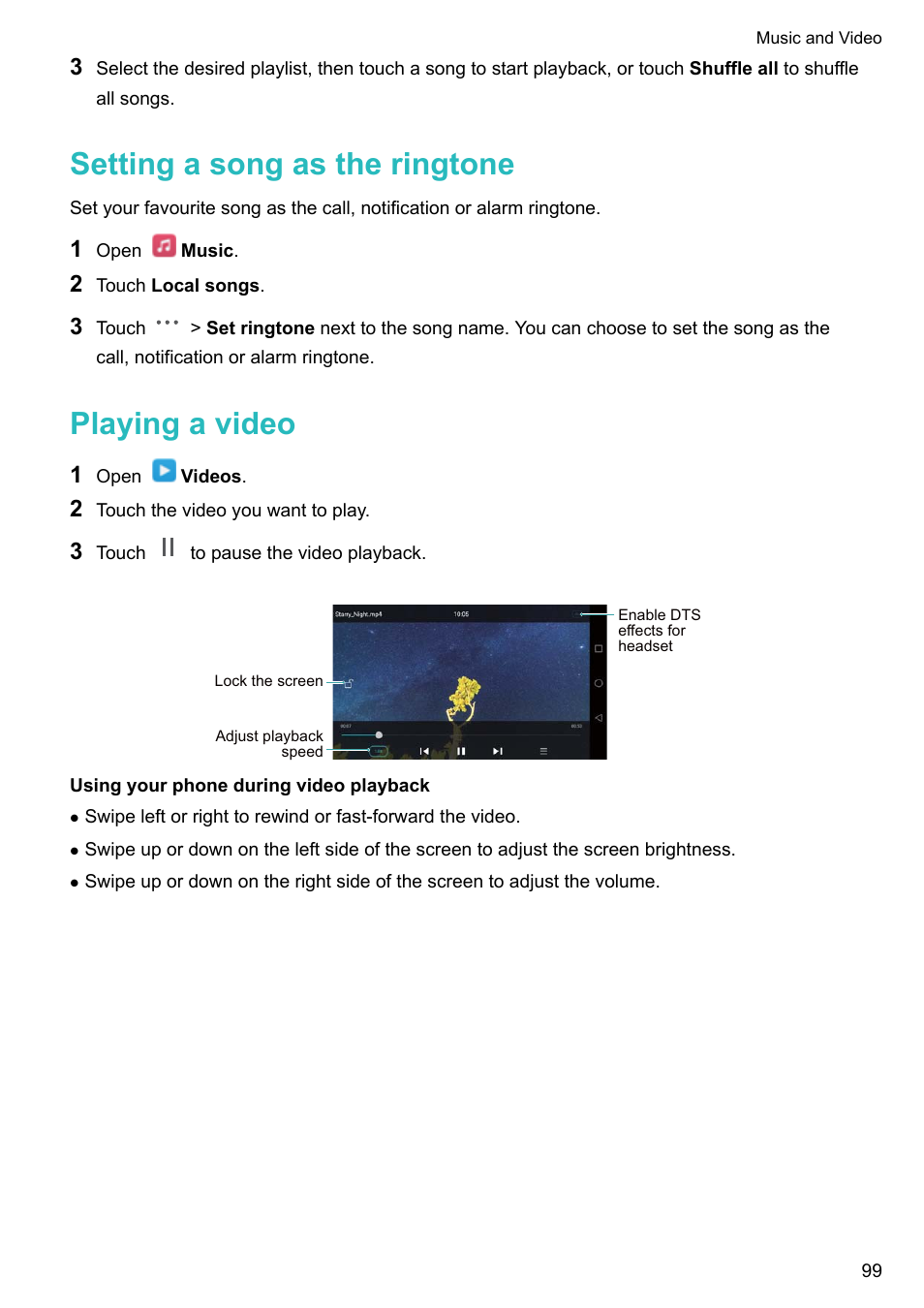 Setting a song as the ringtone, Playing a video | Honor 8 Pro User Manual | Page 105 / 155