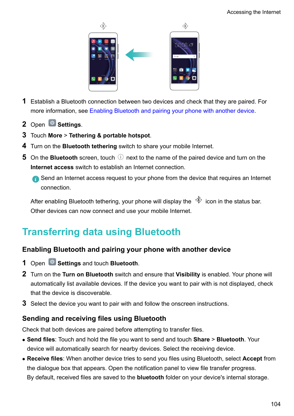 Transferring data using bluetooth, Sending and receiving files using bluetooth | Honor 8 Pro User Manual | Page 110 / 155