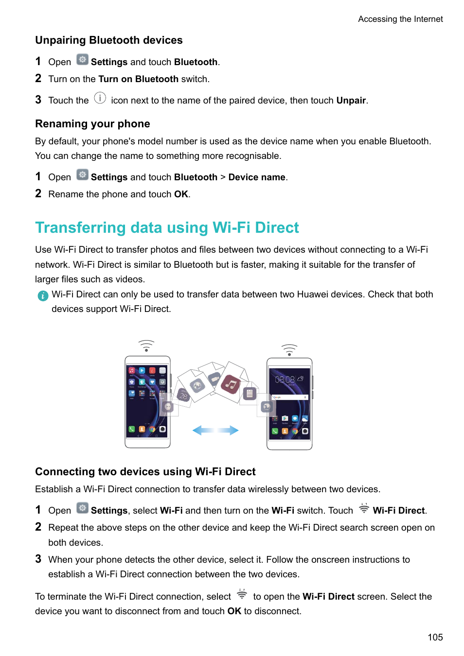 Unpairing bluetooth devices, Renaming your phone, Transferring data using wi-fi direct | Connecting two devices using wi-fi direct | Honor 8 Pro User Manual | Page 111 / 155