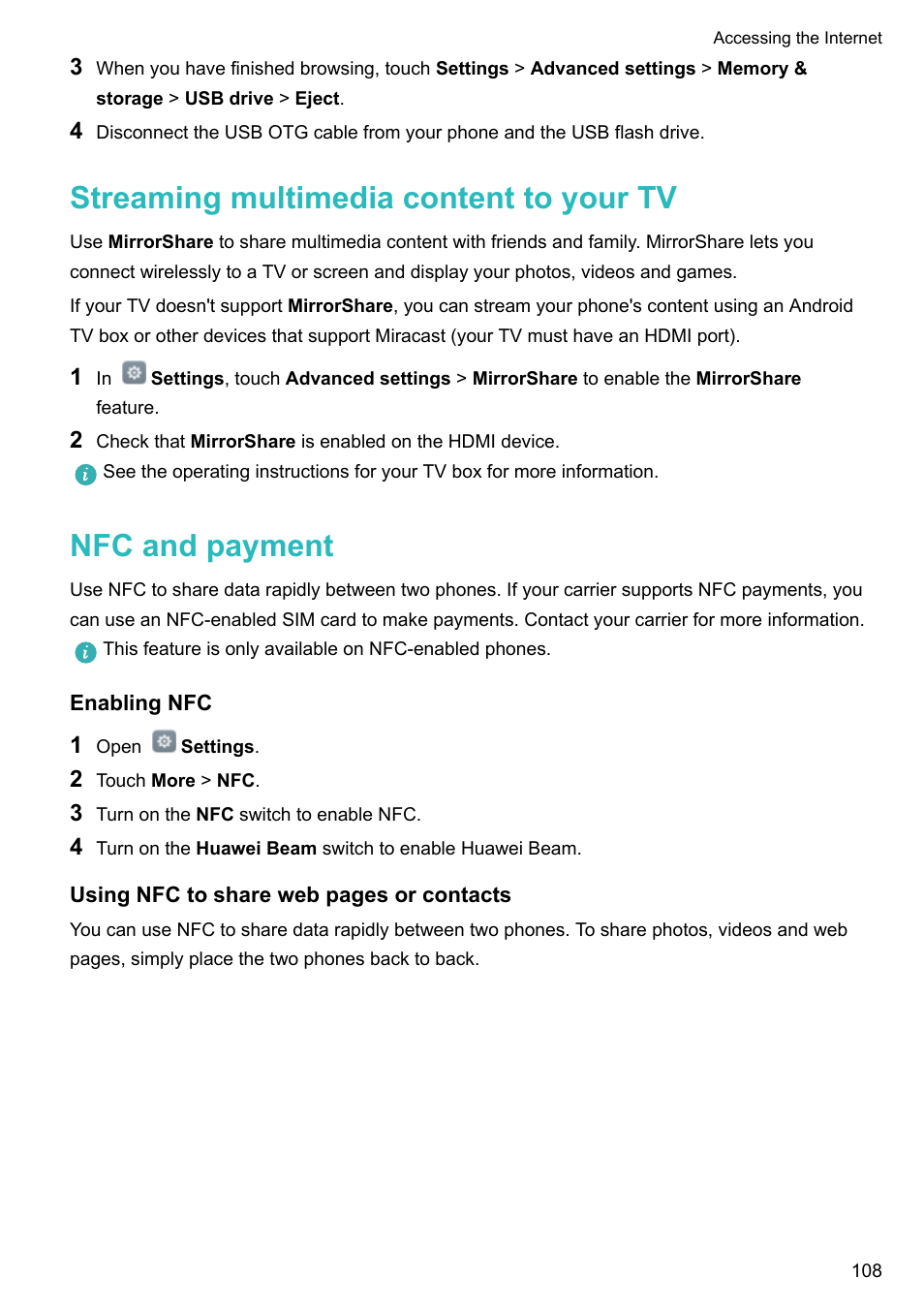 Streaming multimedia content to your tv, Nfc and payment, Enabling nfc | Honor 8 Pro User Manual | Page 114 / 155