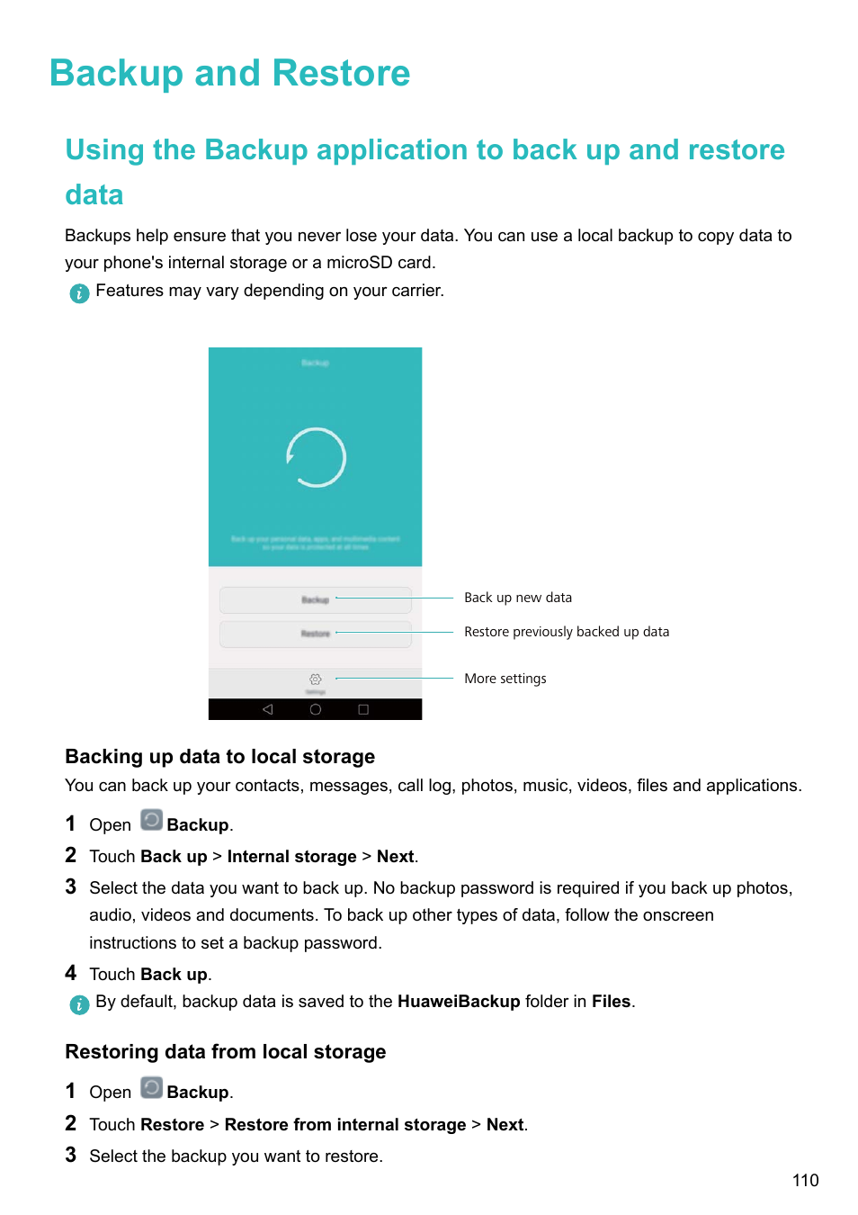 Backup and restore, Backing up data to local storage, Restoring data from local storage | Honor 8 Pro User Manual | Page 116 / 155