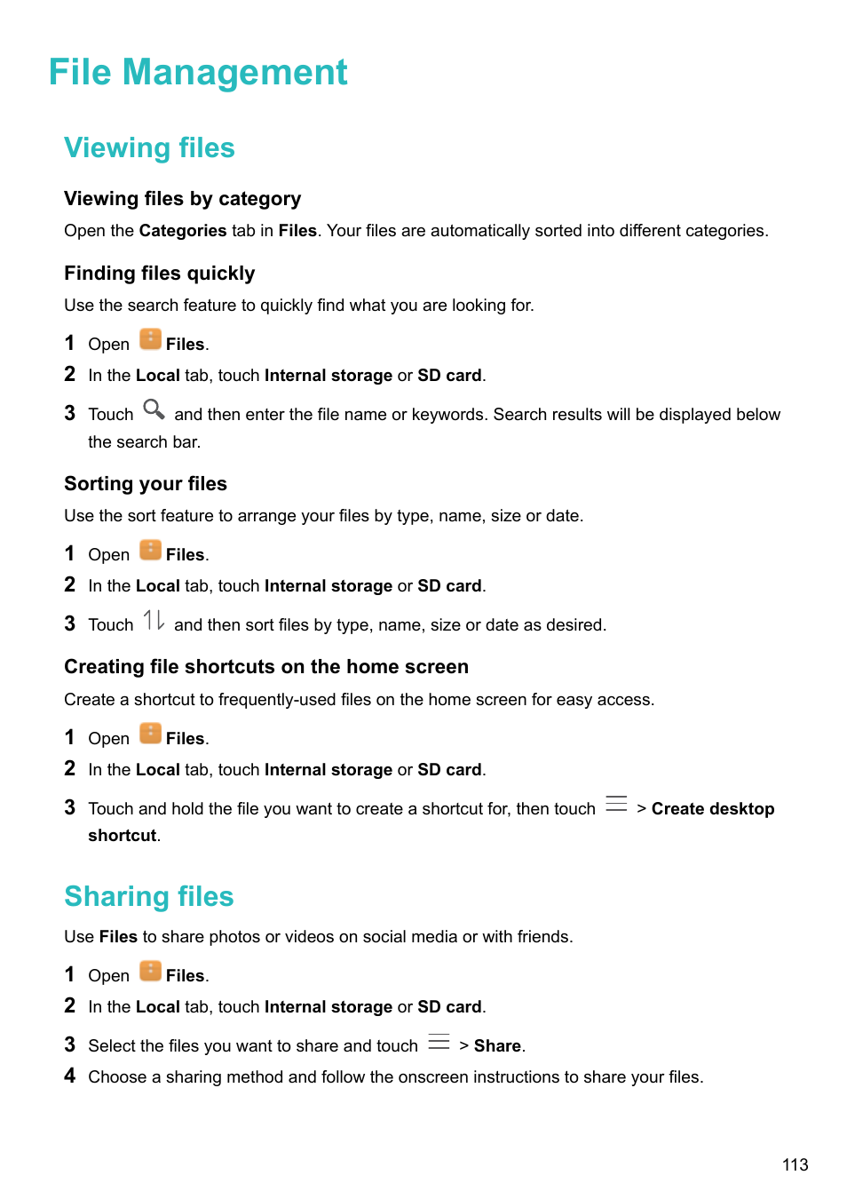 File management, Viewing files, Viewing files by category | Finding files quickly, Sorting your files, Creating file shortcuts on the home screen, Sharing files | Honor 8 Pro User Manual | Page 119 / 155