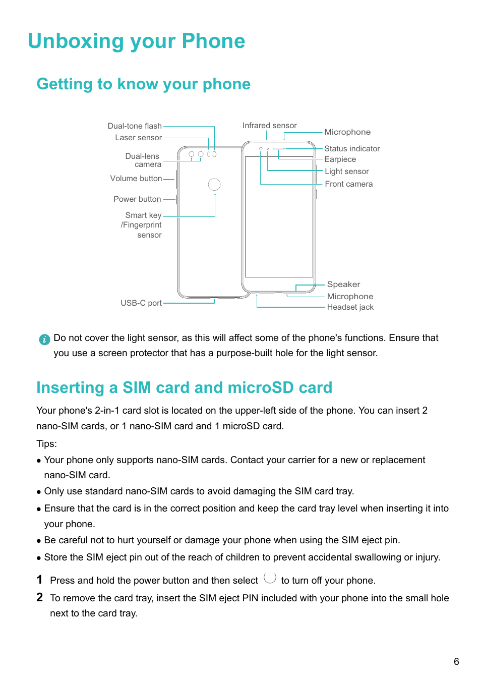 Unboxing your phone, Getting to know your phone, Inserting a sim card and microsd card | Honor 8 Pro User Manual | Page 12 / 155