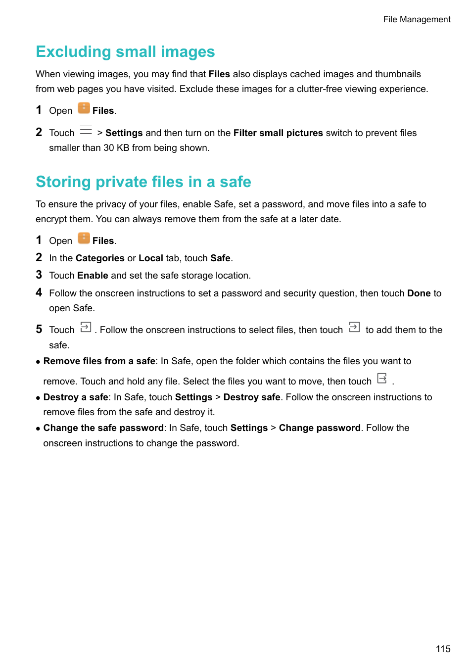 Excluding small images, Storing private files in a safe | Honor 8 Pro User Manual | Page 121 / 155