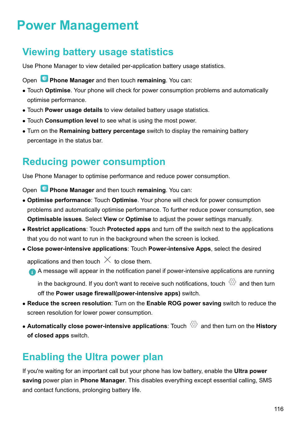 Power management, Viewing battery usage statistics, Reducing power consumption | Enabling the ultra power plan | Honor 8 Pro User Manual | Page 122 / 155