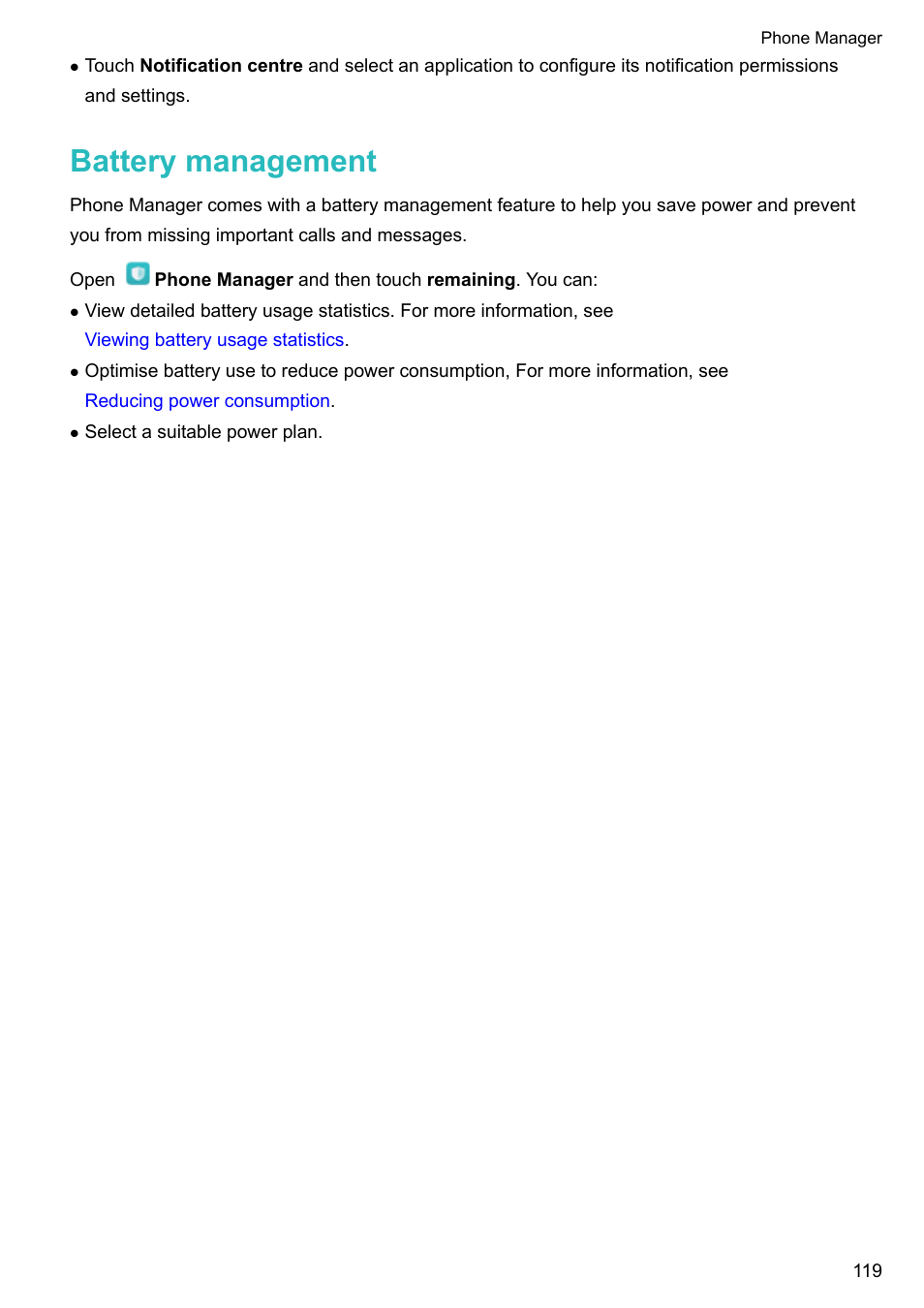 Battery management | Honor 8 Pro User Manual | Page 125 / 155