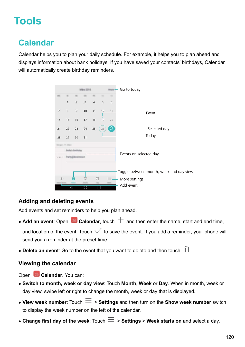 Tools, Calendar, Adding and deleting events | Viewing the calendar | Honor 8 Pro User Manual | Page 126 / 155