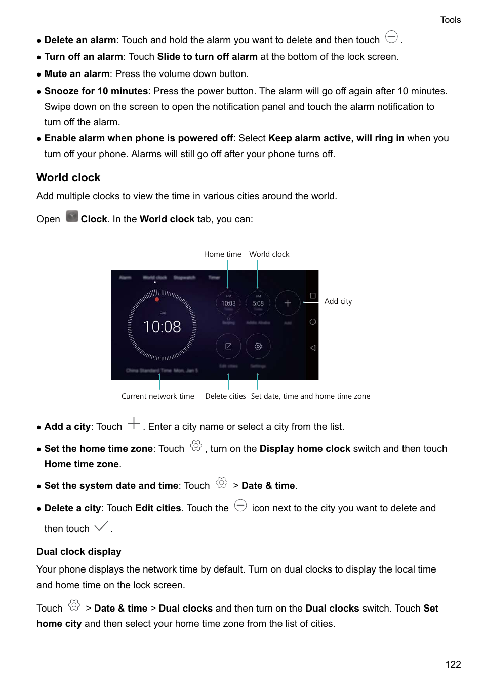 World clock, Dual clock display | Honor 8 Pro User Manual | Page 128 / 155