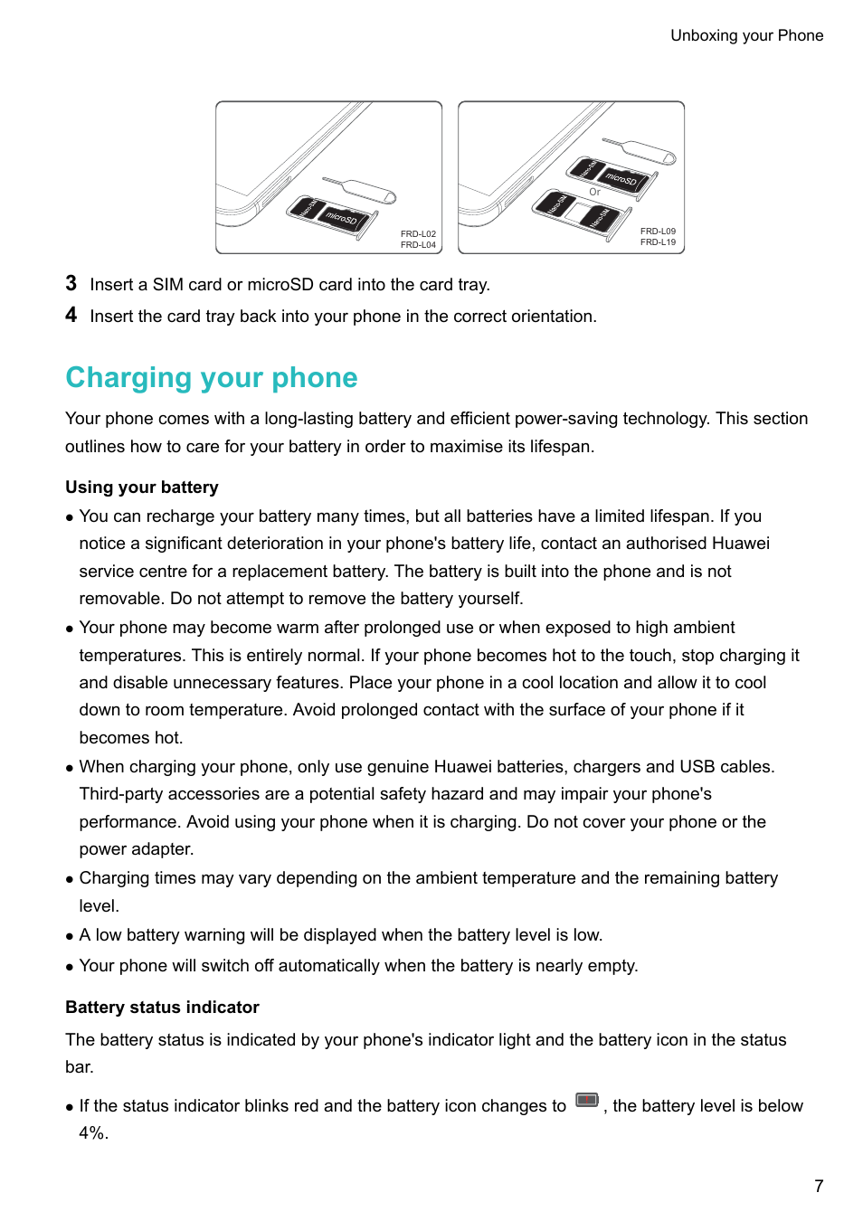 Charging your phone, Using your battery, Battery status indicator | Honor 8 Pro User Manual | Page 13 / 155