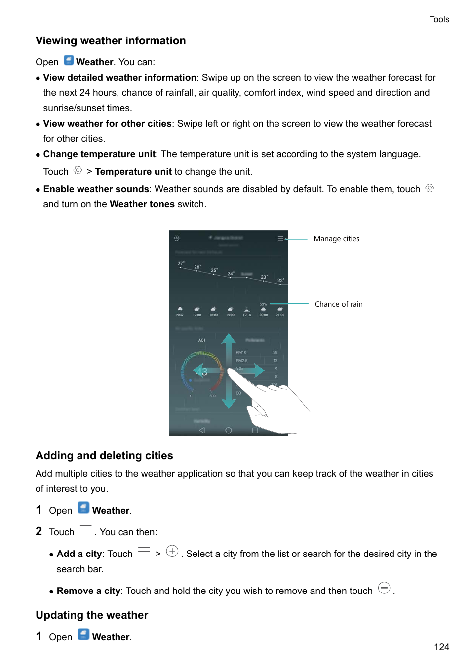 Viewing weather information, Adding and deleting cities, Updating the weather | Honor 8 Pro User Manual | Page 130 / 155