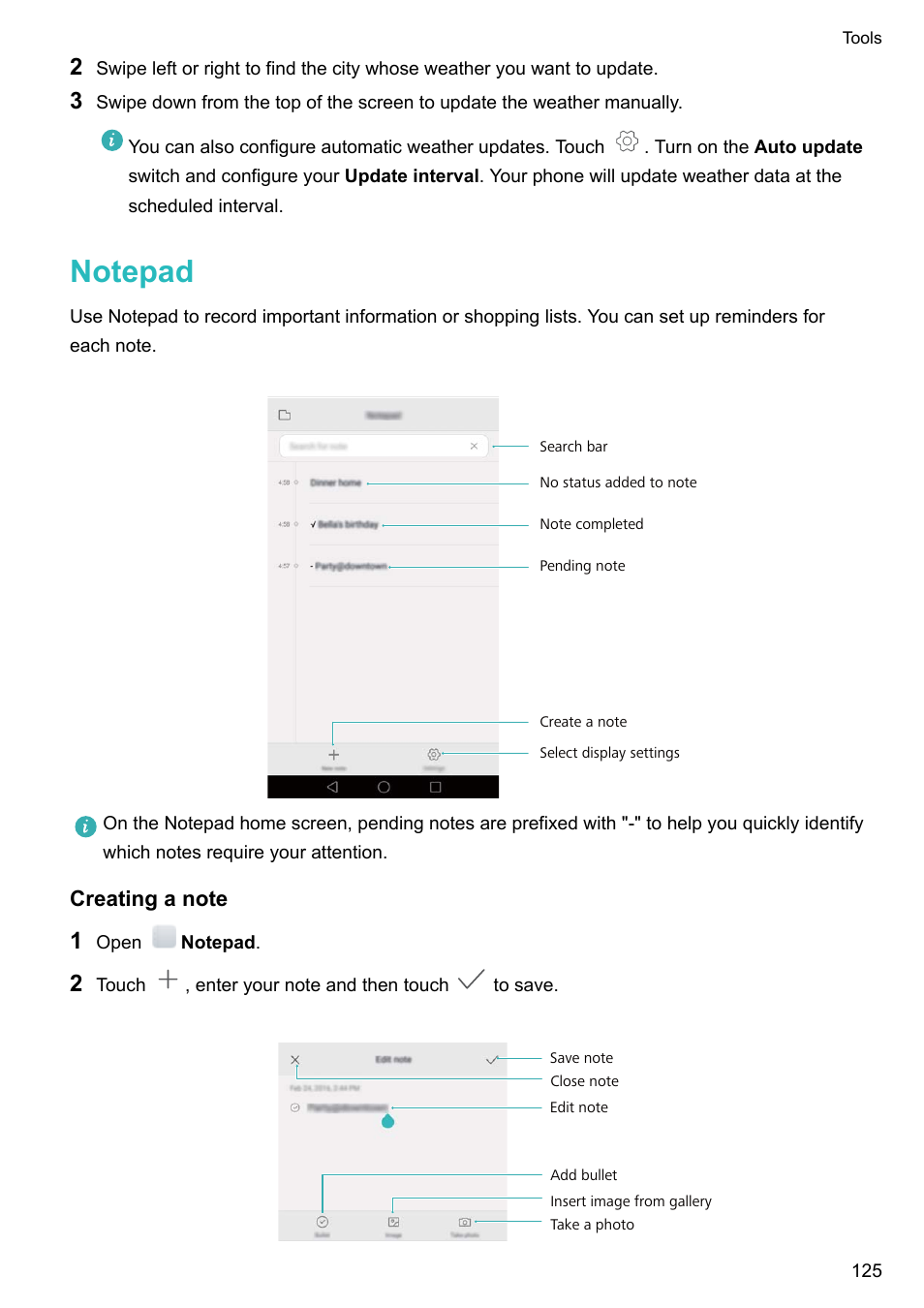 Notepad, Creating a note | Honor 8 Pro User Manual | Page 131 / 155