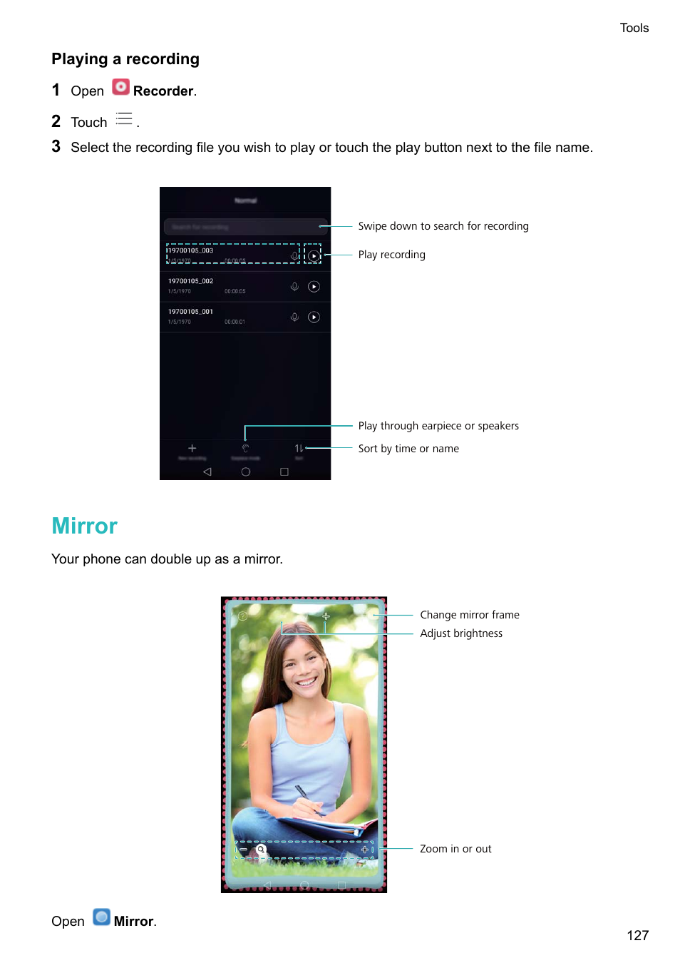 Playing a recording, Mirror | Honor 8 Pro User Manual | Page 133 / 155
